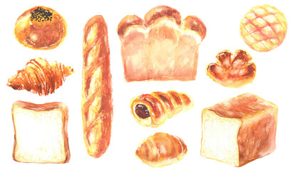 水彩で描いた色々なパンのイラストセット