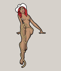 An illustration of a posed pin-up model wearing a cowboy hat, inspired by vintage tattoo art.