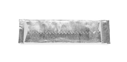 Stick of tasty chewing gum wrapped in foil isolated on white, top view
