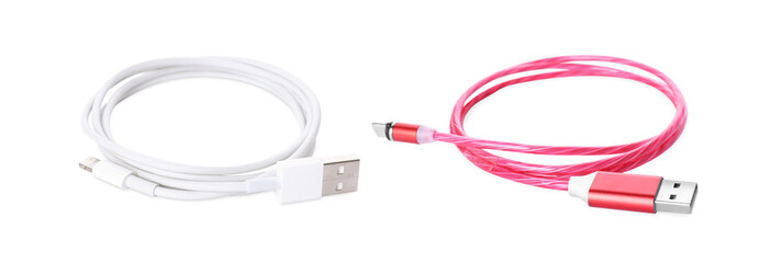USB cables with different connectors on white background