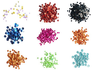 Set of different shiny sequins on white background, top view