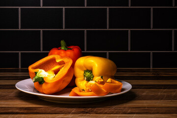Red, Yellow, and Orange Peppers on Butcher Block 2