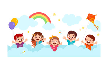 Fototapeta premium little kid play in cloud with friend and feel happy