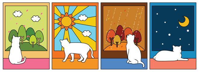Seasonal poster of the white cat looking outside the window with 4 seasons views as spring, summer, autumn and winter.