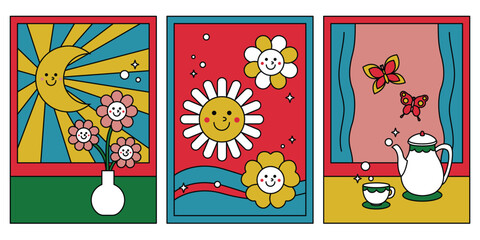 Retro groovy poster. Vintage poster with Flower in vase with the moon outside window, smiley flower, Tea's time beside the window and butterfly outside.