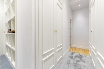 Walk-in wardrobe with blue carpeted floors, white lacquered doors and many shelves