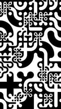 Geometric Truchet tiling loop. Abstract black and white background. Vertical format.