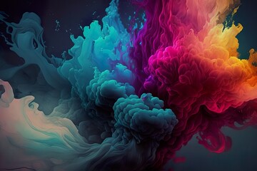 Obraz premium Abstract background in watercolor, splash and ink blot style with splatter effect, vivid rainbow colors on relatively darker ones, illustration, generative ai