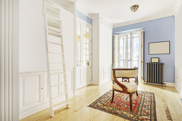 Living room of a house with antique furniture, Persian rugs, white bookcase with stairs and white lacquered wooden doors