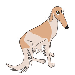 Spotted borzoi dog meme. Cartoon illustration of the borzoi dog whose muzzle is quite long. The eyes are sad, large and watery. Vector isolated on white background.