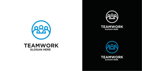 teamwork icon line business concept in blue color on white background, and white color on black background. blue color on black background