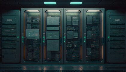 Obraz premium Modern Server Room with Racks of Computing Hardware and Data Center Equipment