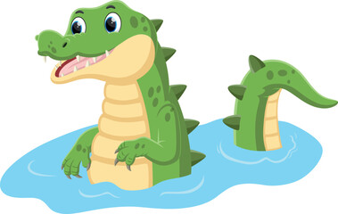 Fototapeta premium Cartoon green crocodile swimming in the river