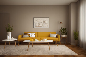 Earth Tone Living Room Interior with Yellow Sofa Couch and White Coffee Table. Spring Decor Made with Generative AI