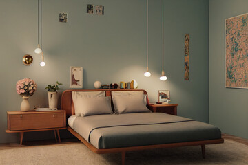 Cozy Warm Sustainable Wood Mid Century Modern Bedroom Interior with Spring Flowers in Vase Made with Generative AI
