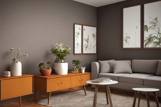 Grey Minimal Modern Living Interior with Wood Furniture and Spring Seasonal Decor Made with Generative AI
