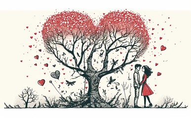 Fototapeta na wymiar Romantic couple under a heart shaped tree, love, anniversary, wedding, Valentine's Day greeting card, illustration made with generative AI
