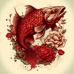 Koi carp with red details and flowers
