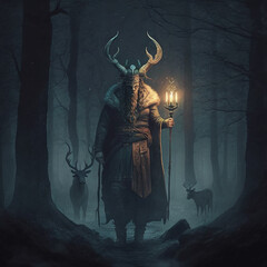 Scandinavian God in the dark forest