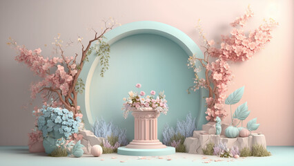 podium backdrop with pastel background, spring flowers, generative ai