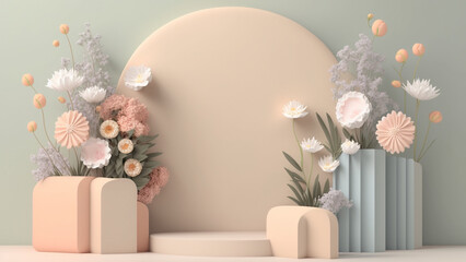design scene with vase, pastel background, spring flowers, generative ai