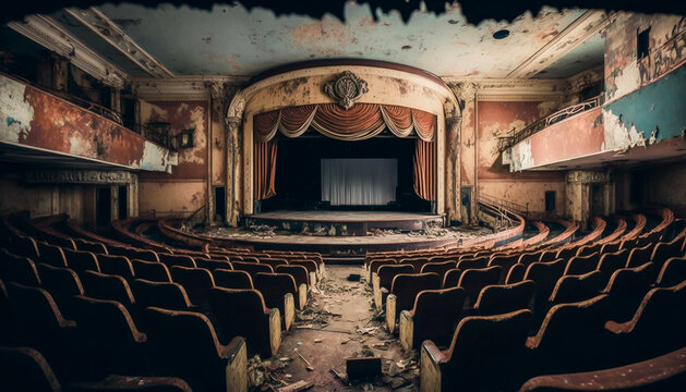old abandoned cinema, oblivion, nostalgia, emotion concept, seats, capitalism