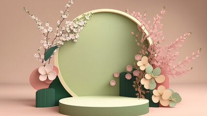 beauty podium backdrop with pastel background, spring sakura flowers, generative ai