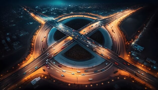 Traffic lights in the round city have long exposure, Cityscape skyscrapers have light traffic transportation from car or bus in Central Business District around the IFC building, transport, and energy