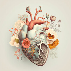 Artistic Human Heart with Flower Foliage Illustration in Soft Pastel Colors, Generative Ai