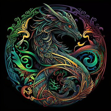 Celtic art of east totem and west style in psychedelic. Fit for apparel, book cover, poster, print. Dragon illustration