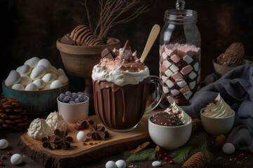 A warm and inviting hot chocolate bar with marshmallows, whipped cream, and various toppings, surrounded by winter decorations, generative ai