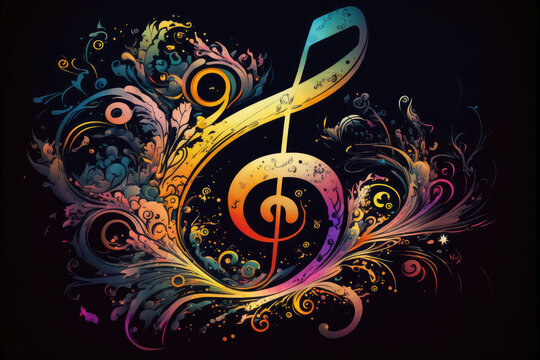 Abstract illustration of a joyful music note with happiness radiating from it, generative ai