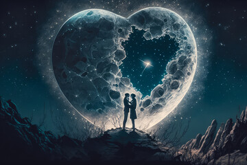 Heartfelt Love - a romantic illustration of a couple embracing under a starry sky with a heart-shaped moon in the background, generative ai