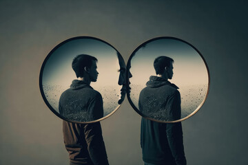 person looking at their reflection in a distorted mirror, symbolizing self-doubt and negative self-image in mental health, generative ai
