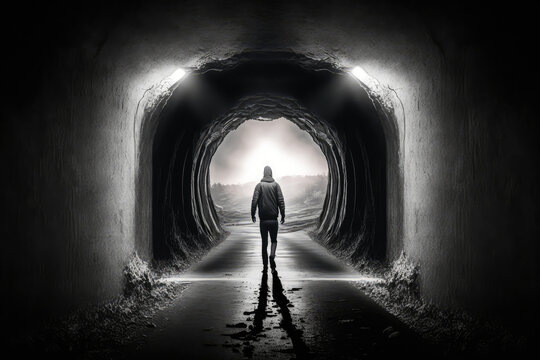 person standing in a dark tunnel with a light shining in the distance, representing hope and the path to recovery, generative ai
