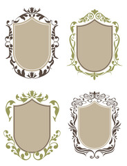 エンブレム風のオリエント柄、アラベスク柄、ダマスク柄の飾り罫ビンテージのフレームのイラストセット