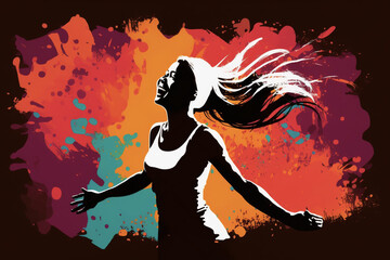 Fototapeta na wymiar silhouette of a happy woman doing yoga or sport on a colored background