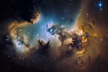 Fototapeta na wymiar A panoramic view of a stunning nebula, with clouds of gas, dust, and stars, set against a backdrop of stars