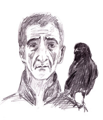 elderly man with a raven on his shoulder, graphic drawing