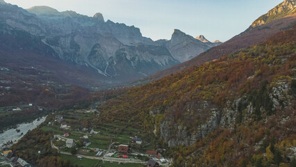 Arial view of beautiful morning of Theth valley in Albania shot from drone.