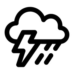 Cloud with thunder and rain drop in outline icon. Heavy rain, storm, thunderstorm, rainstorm, weather, forecast