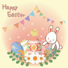 Congratulations on Easter with eggs, bunting and bunny