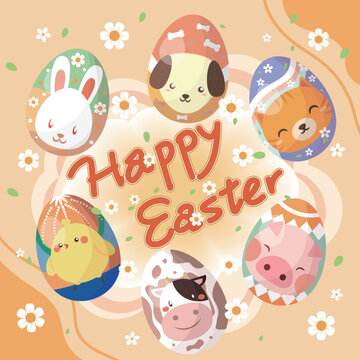 Happy Easter card with many colorful eggs with cute little animals