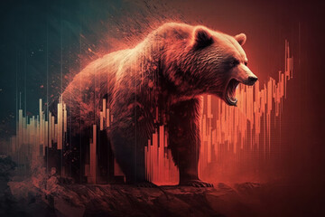 Bearish stock market concept. Angry bear with graph abstract background. Generative ai