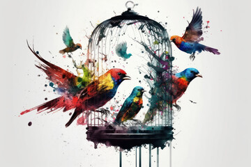 Freedom concept. The birds flew out of the cage. Colorful splash painting. generative ai