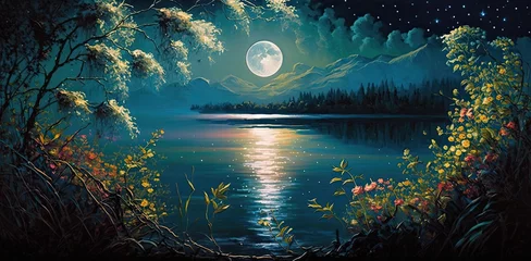 Cercles muraux Vert bleu Beautiful harvest moon rising over a clear lake with trees and flowers. Abstract landscape colorful painting of night on magic.