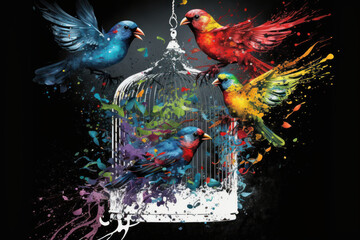 Freedom concept. The birds flew out of the cage. Colorful splash painting. generative ai
