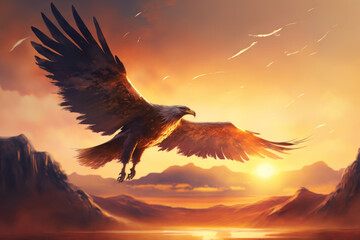 Freedom concept. Eagle bird flying on sunset sky abstract background. Generative ai