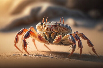 Fototapeta na wymiar A magnificent crab is elegantly strolling across the sand, leaving behind delicate footprints. This highly detailed macro image captures every intricate feature of the crab. Generative AI.
