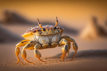 Obraz na płótnie Canvas A magnificent crab is elegantly strolling across the sand, leaving behind delicate footprints. This highly detailed macro image captures every intricate feature of the crab. Generative AI.